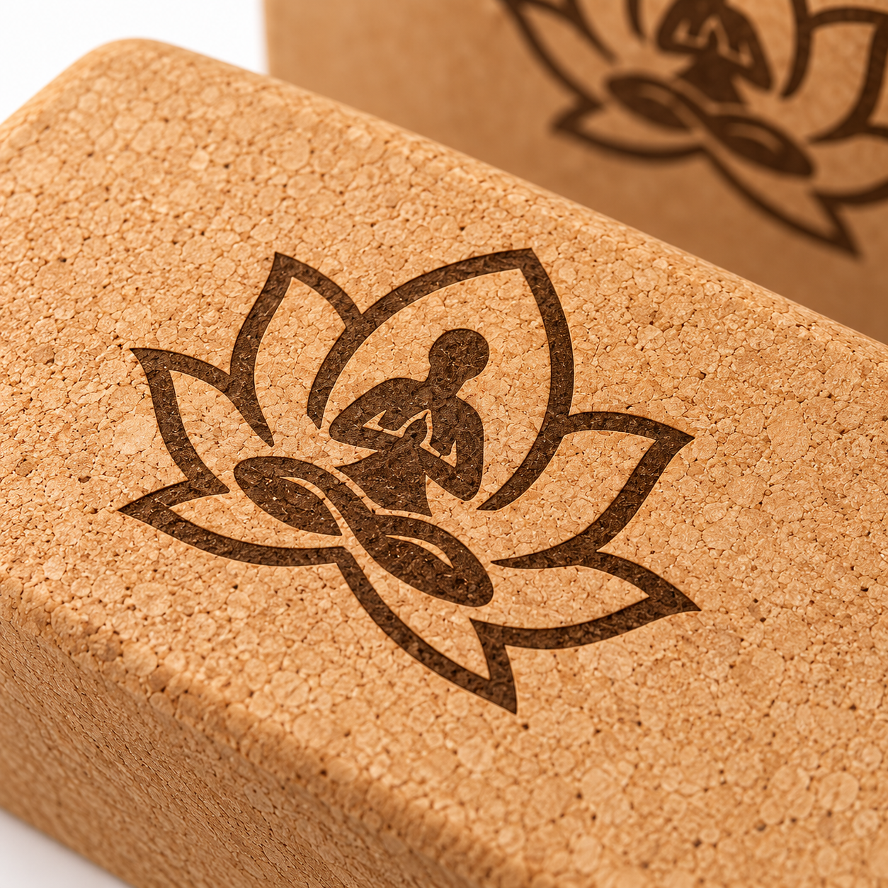 Bloc de yoga en liège gravé d’une fleur de lotus