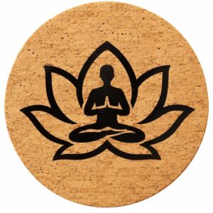 Tapis de méditation rond en liège naturel gravé Fleur de Lotus et méditant – Asana Cork