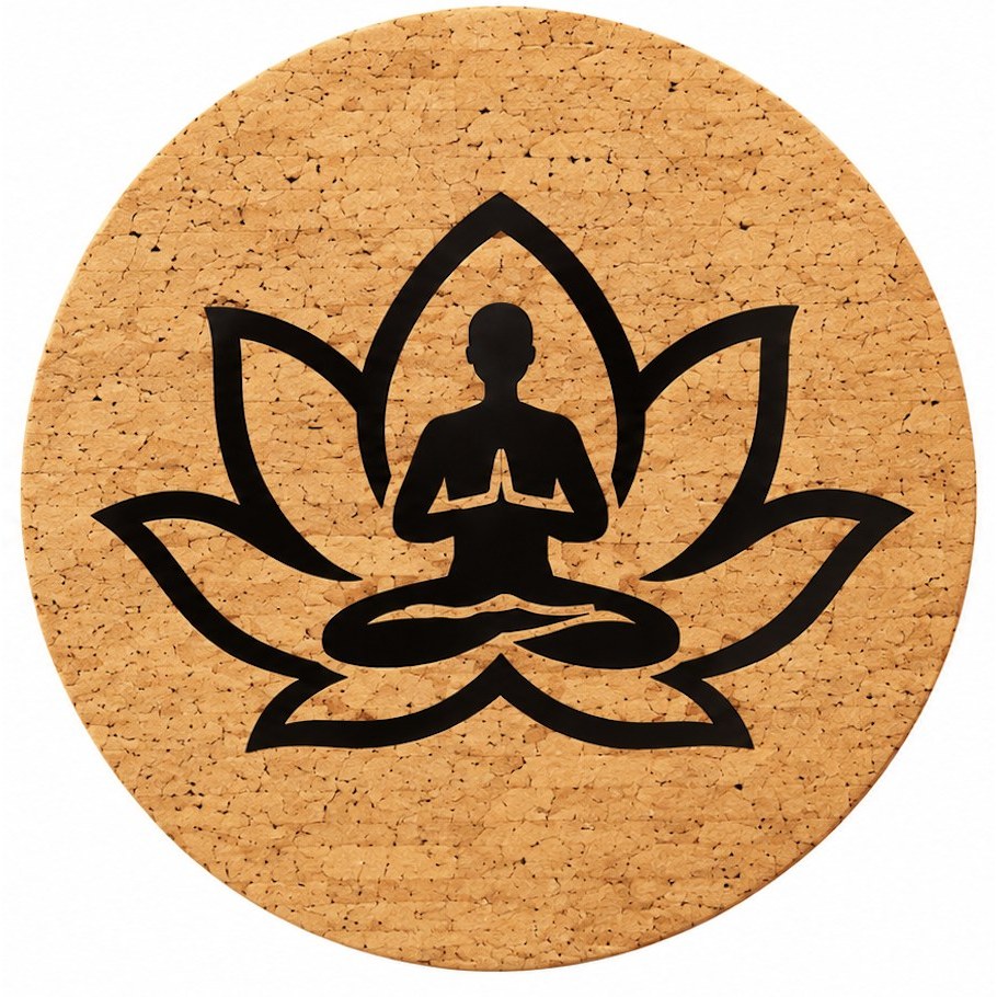 Tapis de méditation rond en liège naturel gravé Fleur de Lotus et méditant – Asana Cork